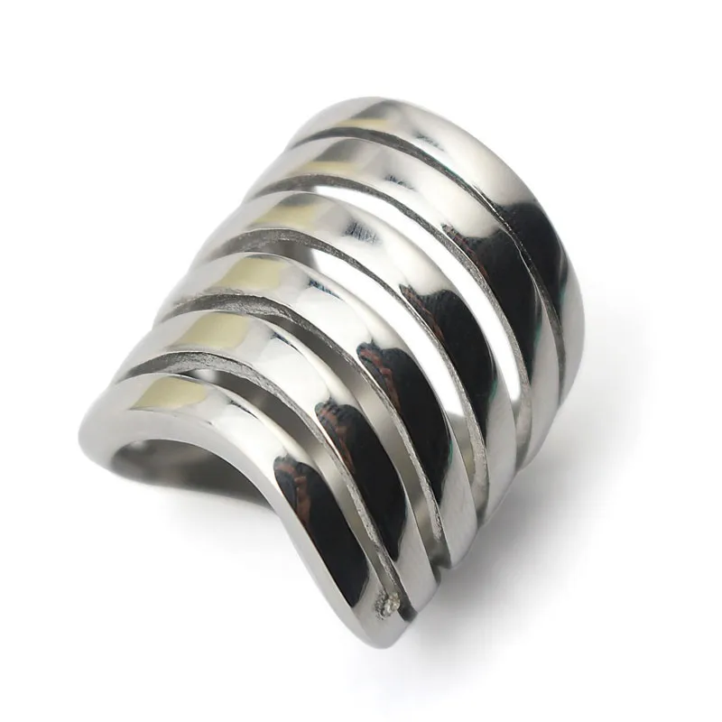 Wide Fashion Stainless Steel Stripe Finger Rings Silver Color Multilayer Ring For Women Size 6 7 8 9 5 7.5