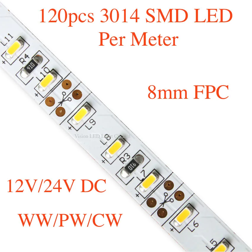 

3014 smd led strip light, 120pcs led per meter, DC 12V/ 24V, 5m a roll/lot