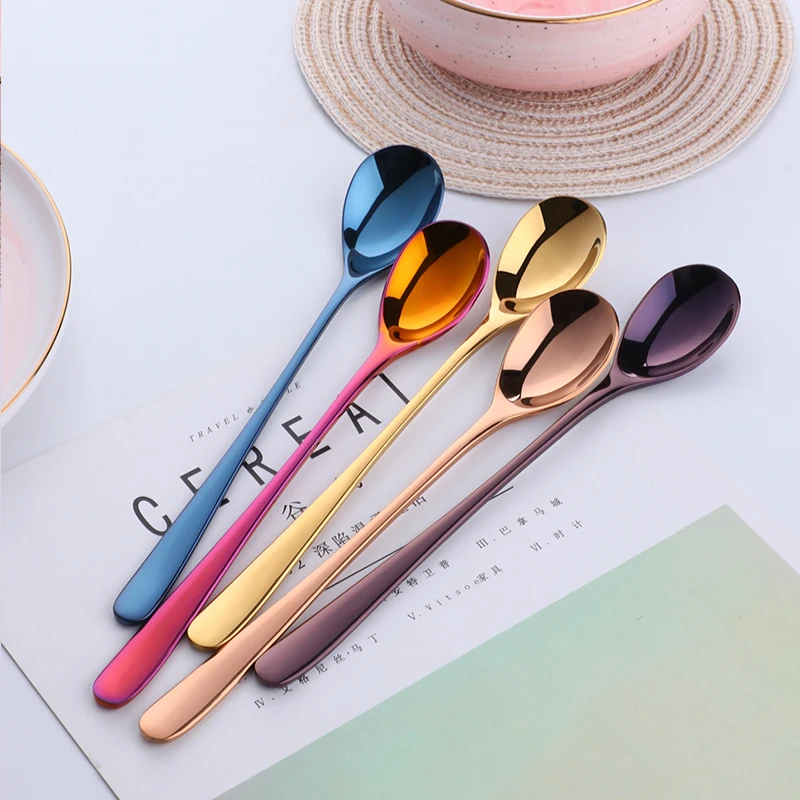 8 Colors Stainless Steel  Ice Spoon Long handle Rose Gold Coffee Spoon Set 7 Colors Long Ice Scoop Black Mixing Colour Spoon