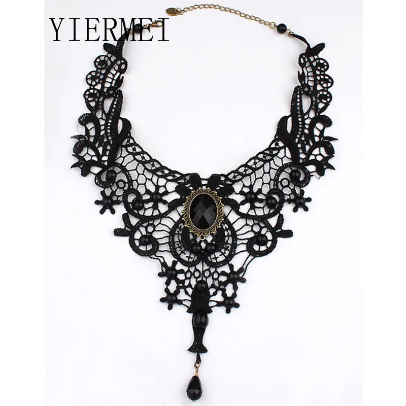 Gargantilla gótica con cuentas de flores negras para mujer, collar de cuello de encaje Sexy, cadena de borla Vintage, joyería Steampunk para Halloween