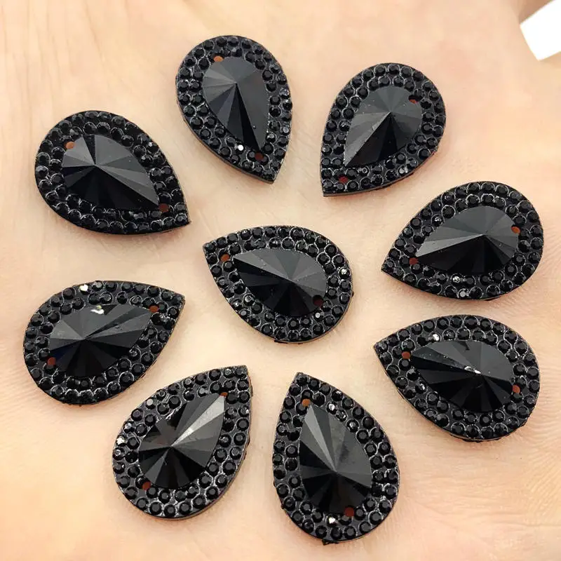 13*18mm Water drop BLACK Resin Gems Stone For Bead Work Flat Back Sew On Rhinestones With 2 Holes 40Pieces/lot -S67