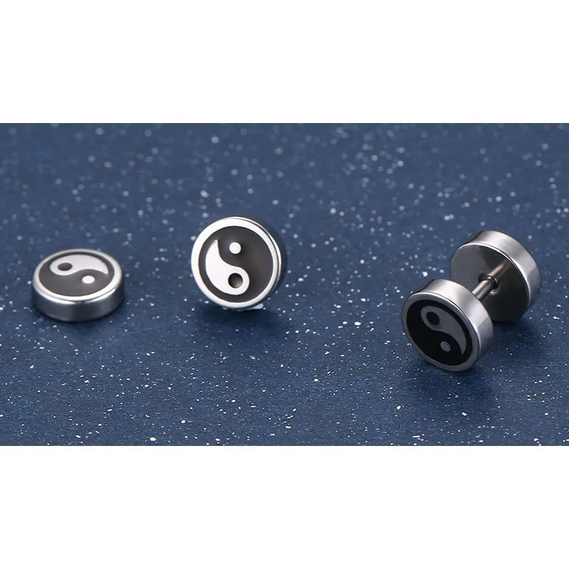 Vnox Chinese Yin and Yang Stud Earrings for Men Jewelry Stainless Steel Round Tai Chi brinco masculino