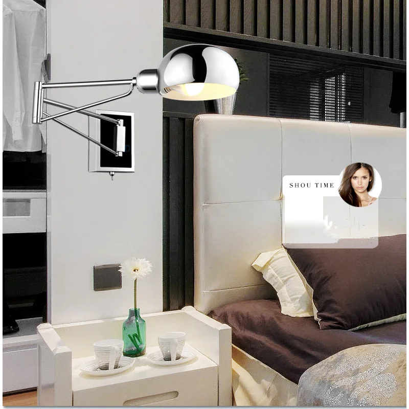 Modern Chrome silver Swing Arm Wall Sconce Bedside Lamp Reading Light with Mirror E14 LED Compatible Vintage Industrial Lighting