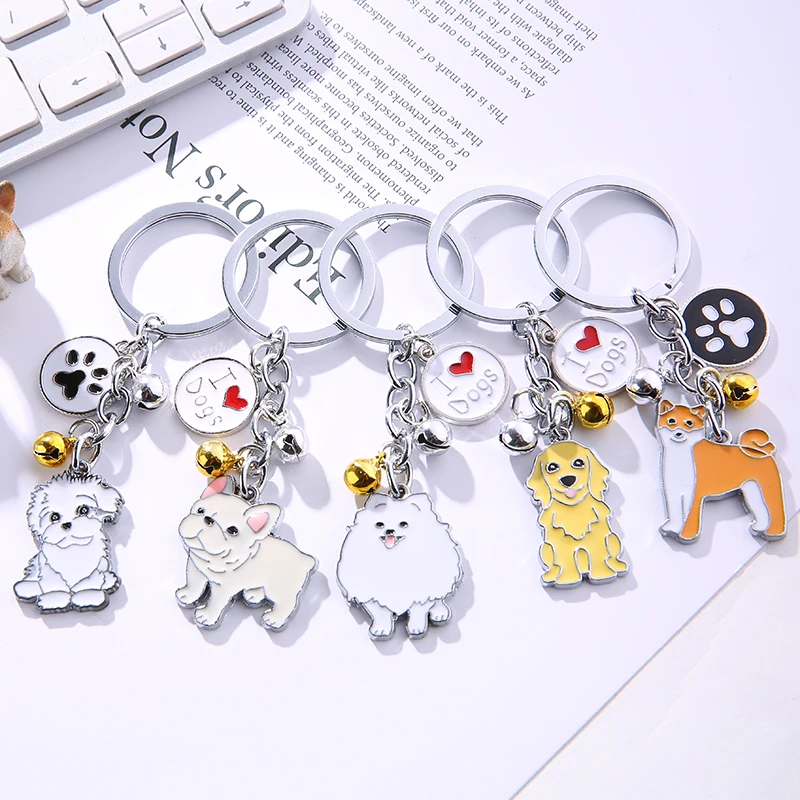 Cute Dog Keychain Metal Pet Memorial Keychain Lovely Animal Bells Keychains Car Keyring Bulldog Pendant Bag Charm Jewelry gifts