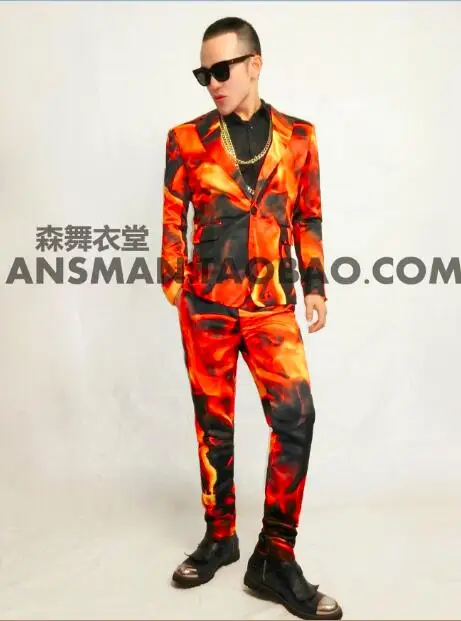 S-5XL!! 2022 Nightclub male singer with the European and American hellfire satin suit stage costume