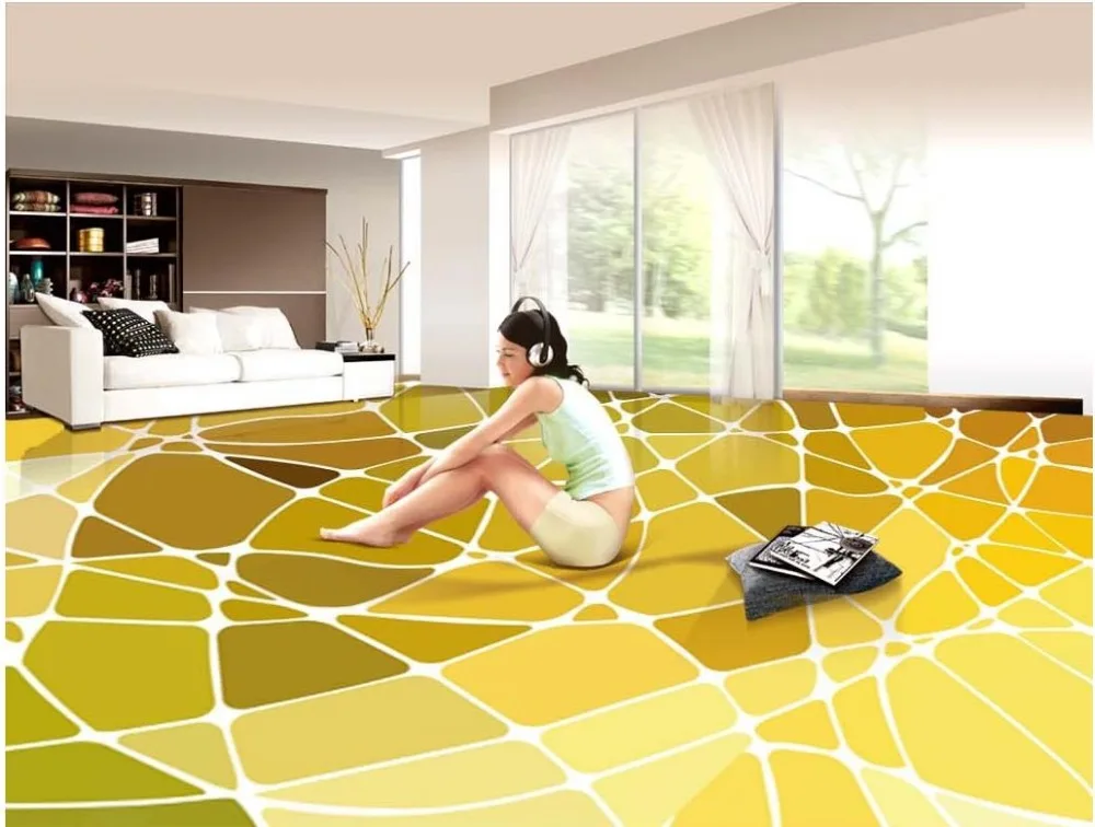 

3D stereoscopic mosaic of pale yellow 3d floor art self-adhesive PVC waterproof 3d floor wallpapers