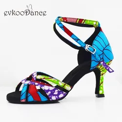 Evkoodance DIY Zapatos De Baile Blue African Style Satin Dance Shoes 7cm Latin Ballroom Salsa Dancing Shoes for Women and Girls