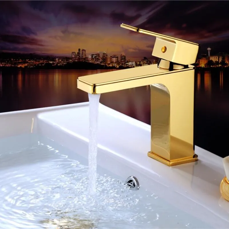 

New Arrival brass square Basin Faucet hot and cold single lever gold finished bathroom sink faucet lavatory tap