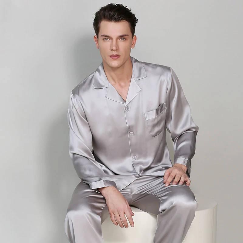 Man\'s Long Sleeve Genuine Silk Pajamas 19MM Heavy Silk Pyjama Sets 100% Silkworm Silk Sleepwear Male Solid Color T9002-ZB