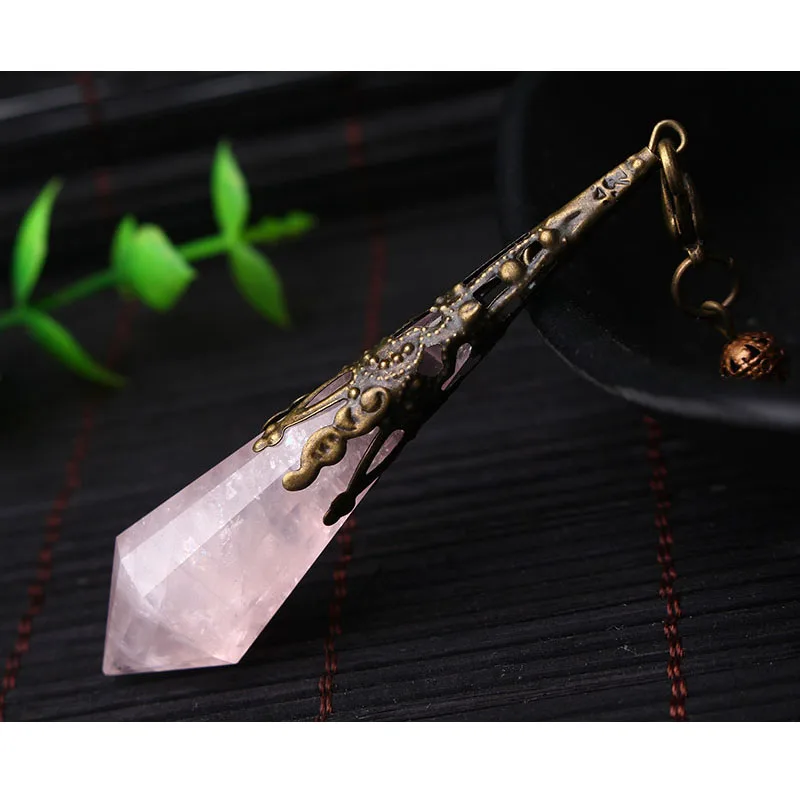 Hot sale reiki rose crystal pendulums for dowsing healing crystals Chakra pendulum charms necklace filigree pendant jewelry