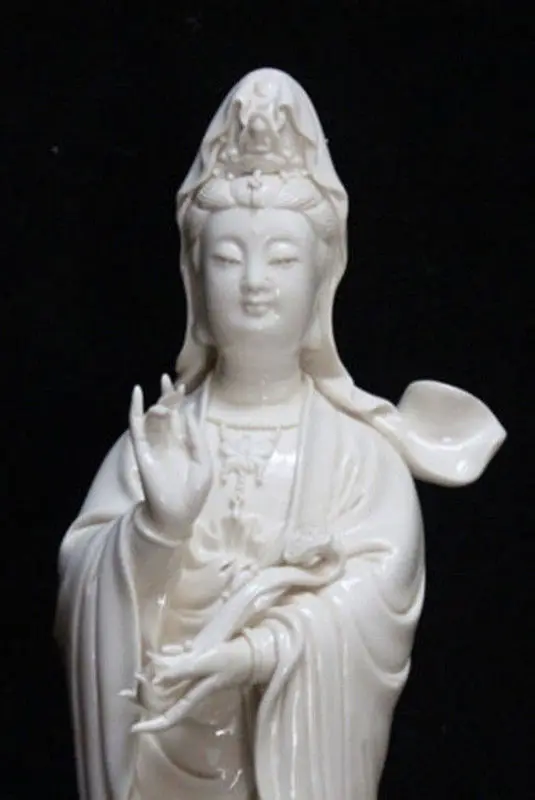 Exquisite Chinese Dehua White Porcelain Kwan-yin Guanyin Ruyi Buddha Standing on Lotus Statue