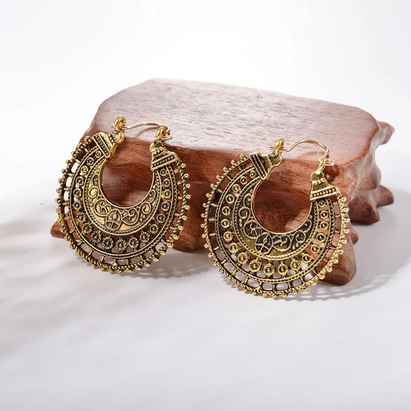 Bohemia Ethnic Design Semicircle Vintage Pattern Bronze Ancient Silver Plated Drop Earrings Dangle Earrings For Women