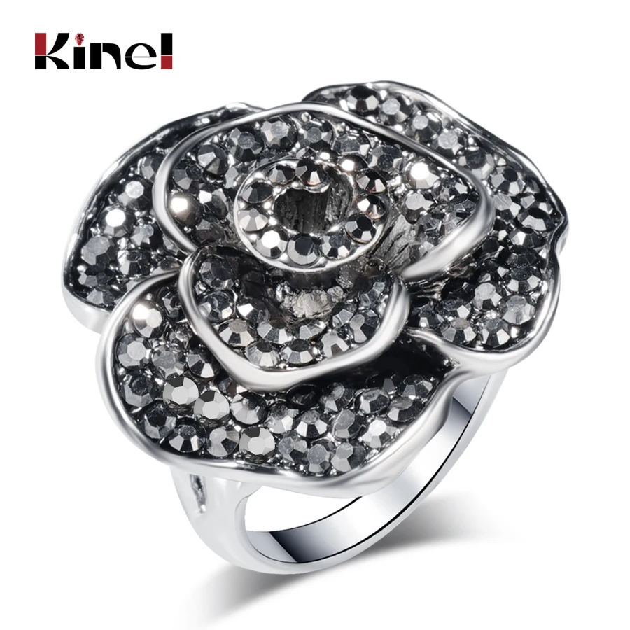 Kinel Luxury Gift Black Rose Flower Big Ring Unique Retro Crystal Rhinestone Rings For Women Fashion Vintage Jewelry 2018 New