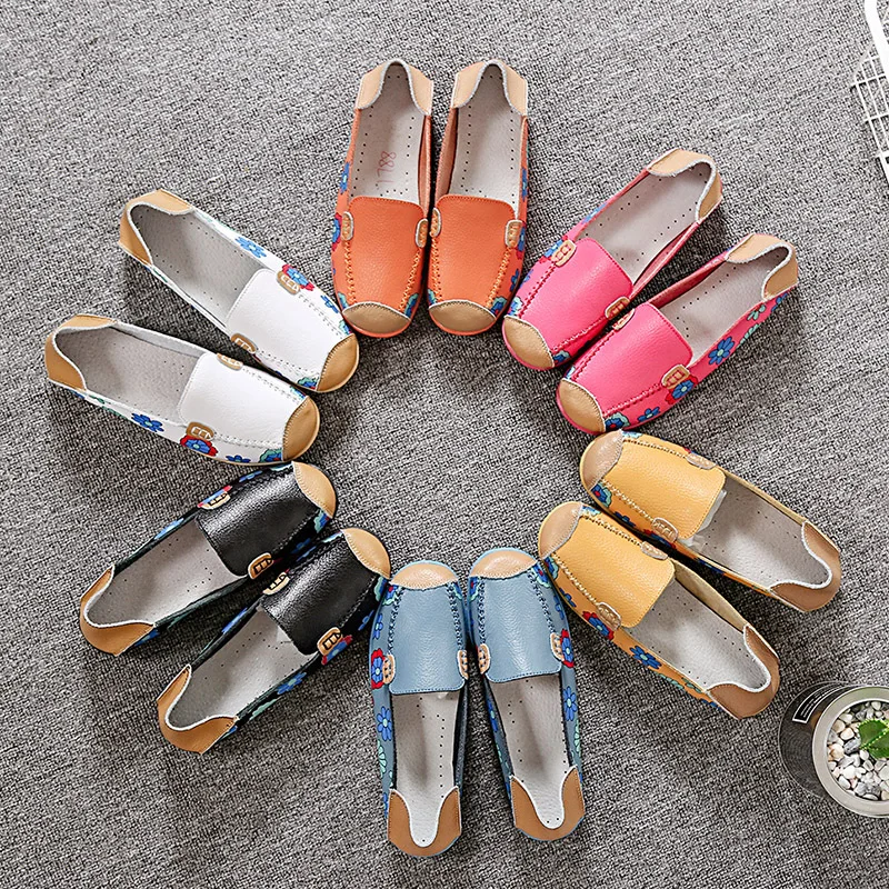 WOIZGIC Ladies Mother Women Female Genuine Leather Shoes Flats Soft Spring Autumn Flowers Slip On Plus Size 42 43 44 XY-Y178