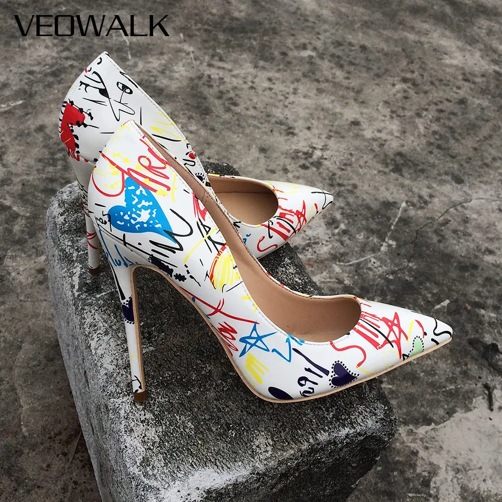 Veowalk Artistic Graffiti Printed Women Sexy Stiletto High Heels Ladies Wedding Party Pointed Toe Pumps Shoes Customized Accept