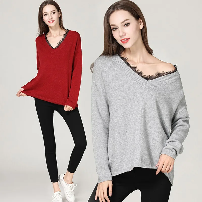 

Women's Pullover Sweater Fall Winter New Sexy V-neck Lace Rabbit Fur Sweaters Female Long Sleeve Pure Color Loose Tops H9198