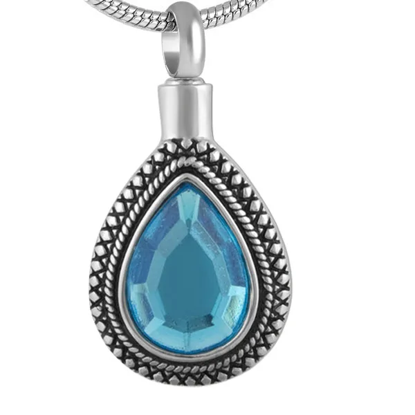 IJD8664 Blue CZ stone inlay 316L stainless steel ashes memorial pendant necklace keepsake urn charm jewelry for women