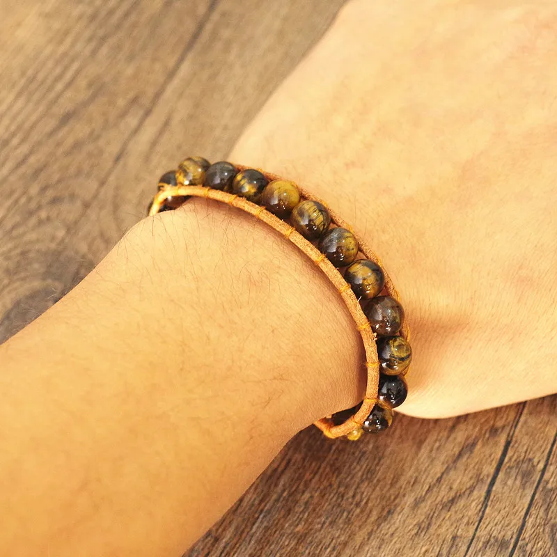 Natural Stone Tiger Eye Beads Leather Wrap Bracelet & Bangle Women Men Fashion Jewelry Boho Yoga Chakra Charm Bracelet Gift