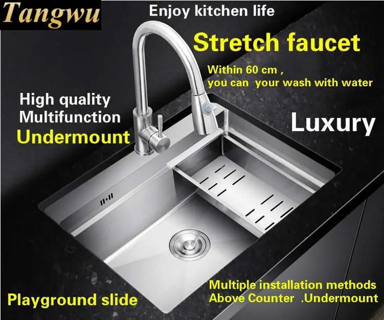 Free shipping Apartment kitchen manual sink single trough 304 stainless steel sliding board stretch faucet hot sell 78x50x22 MM