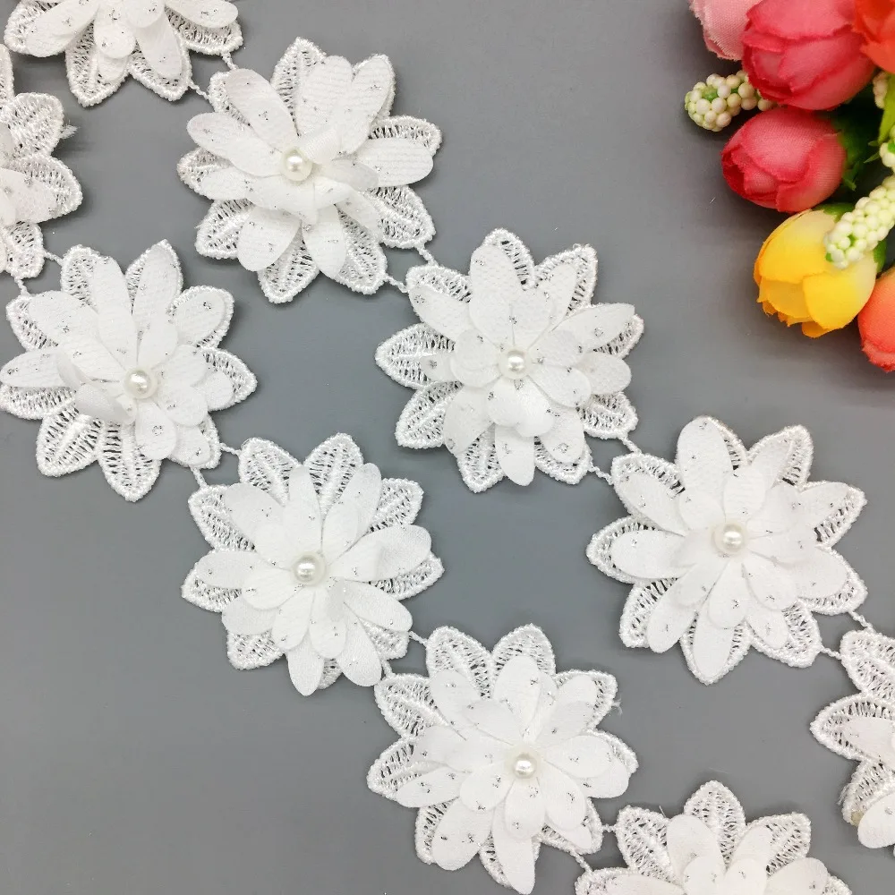 20Pcs 3D White Multi-layer Rose Flower Pearl Lace Trim Embroidered Ribbon French Fabric Sewing Craft DIY For Costume Decoration