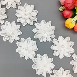 20Pcs 3D White Multi-layer Rose Flower Pearl Lace Trim Embroidered Ribbon French Fabric Sewing Craft DIY For Costume Decoration