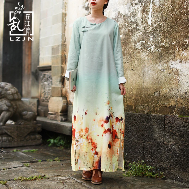 LZJN-Floral Print Dress for Women, Long Sleeve, Elegant Maxi Shirt, Vintage Robe, Casual, Chinese Style, Autumn,
