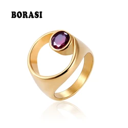 BORASI New Brand Irregular Round Stone Finger Rings Stainless Steel Trendy Jewelry Gold Color Ring  For Women Anniversary