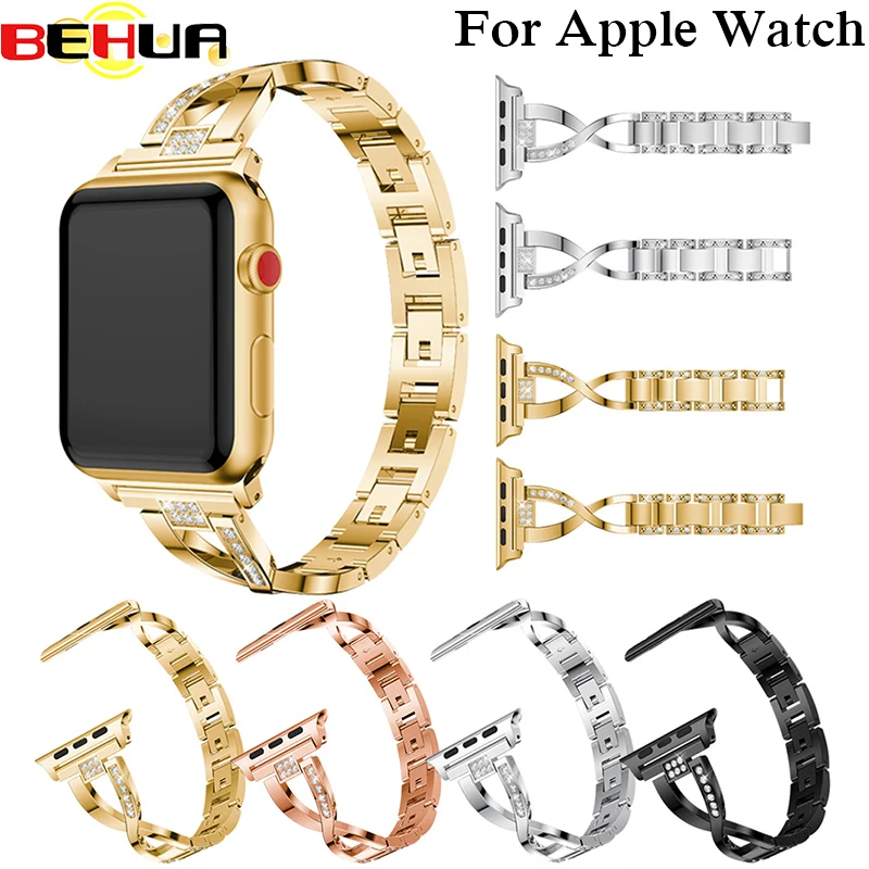 BEHUA Strap For Apple Watch Band with Rhinestone 38mm/42mm 40MM/44MM Smart Watch Metal Band for iWatch Series 87654321 Bracelet