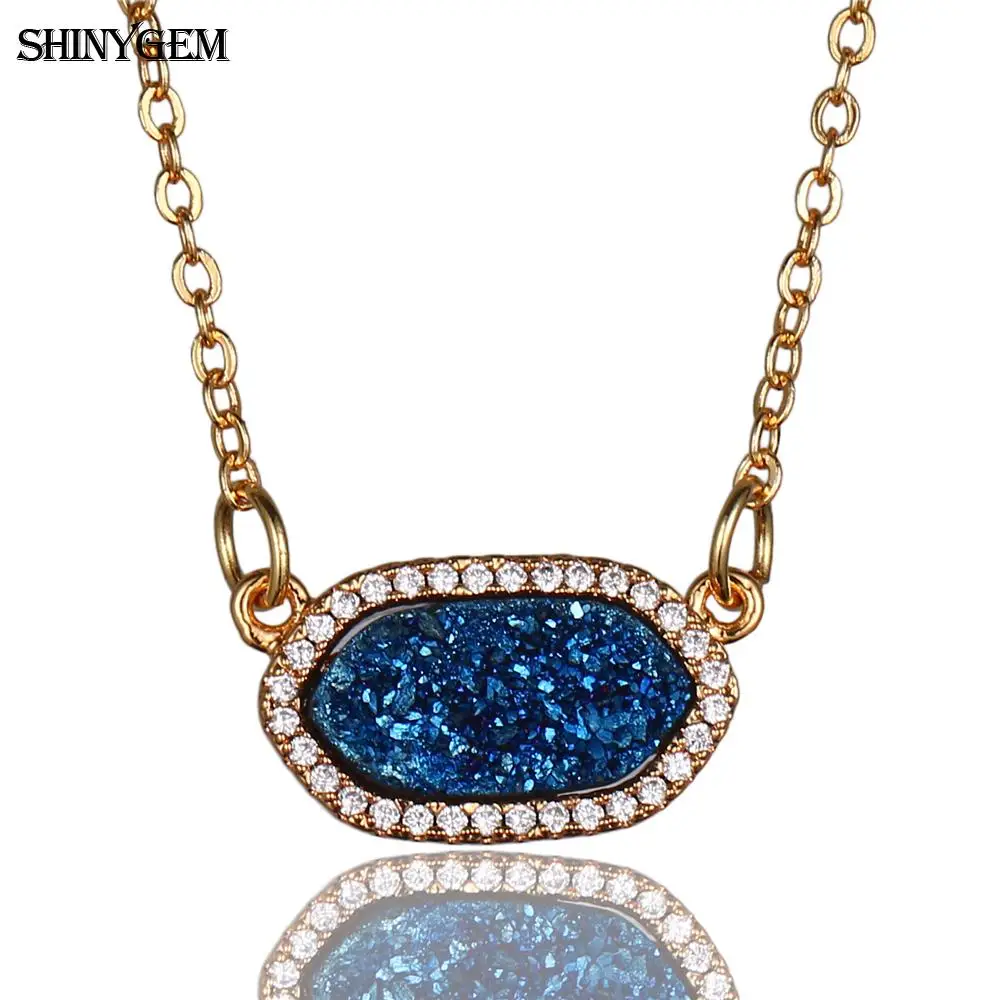 

ShinyGem Hexagon Druzy Stone Necklaces Golden Natural Stone Choker Necklaces Sparkling Healing Stone Pendant Necklaces For Women