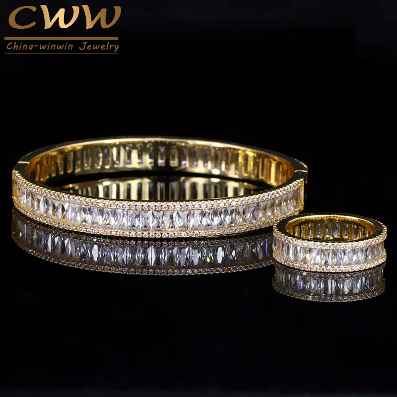 CWWZircons Elegant Light Yellow Gold Color AAA Baguette Cubic Zirconia Round Fashion Ring And Bangle Bracelet Jewelry Set T223