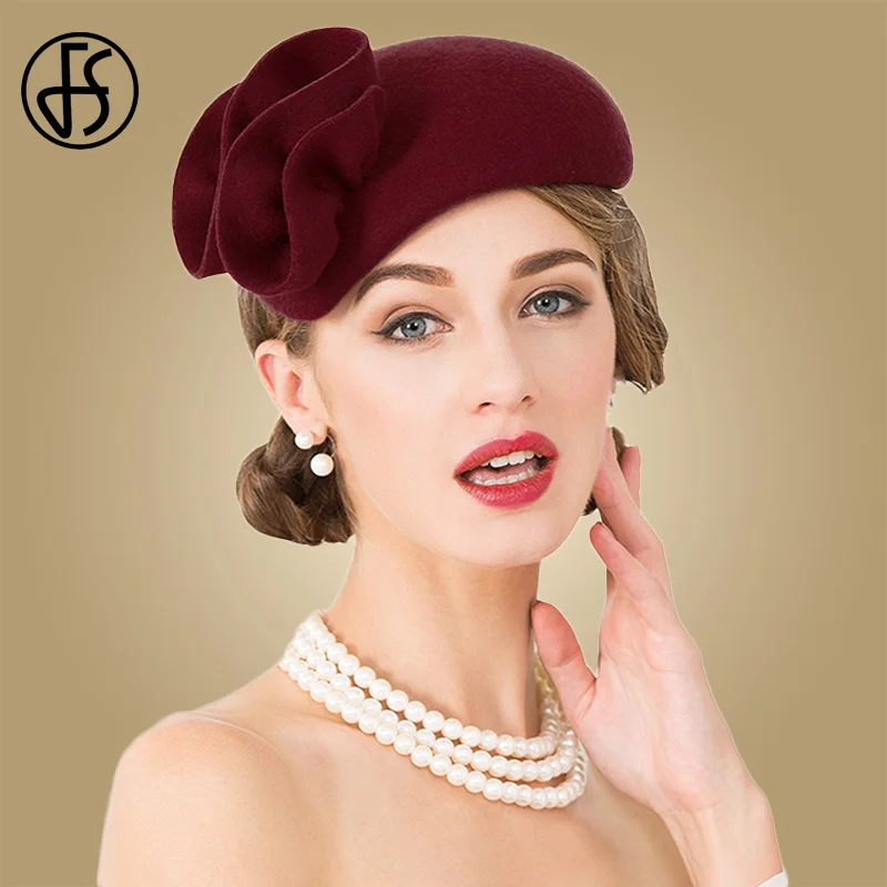 FS Ladies Wool Fascinator Hats For Wedding Women Elegant Tea Party Formal Vintage Pillbox HatFelt Flower Fedoras Chapeau Femme