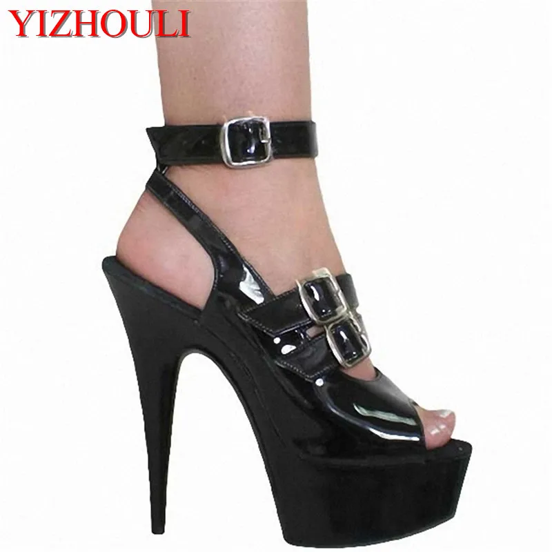 

Spring and summer 15 cm high heel exquisite black patent leather high heels, car model catwalk sexy sandals