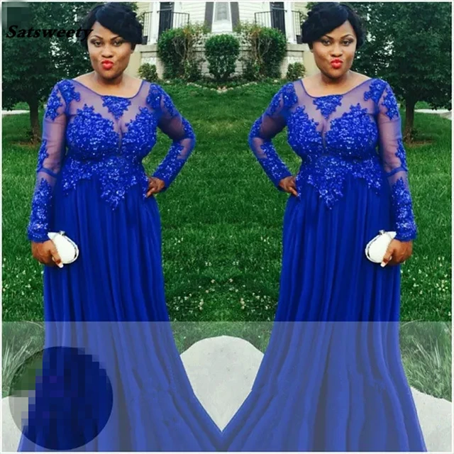 Royal Blue Plus Size Prom Dresses Generous Long Sleeve Sheer Formal Women Bridesmaid Dresses Empire Vestidos De Formatura