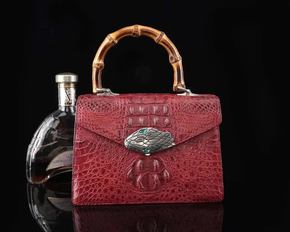 2018 latest double snake head metal top quality genuine crocodile skin women tote shoulder cross body bag with bamboo handle