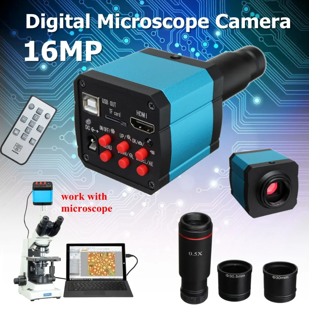 16MP HDMI 1080P HD USB Digital Industry Microscope Camera TF Card Video Recorder+0.5X C mount Eyepiece Lens +30mm 30.5mm adapter