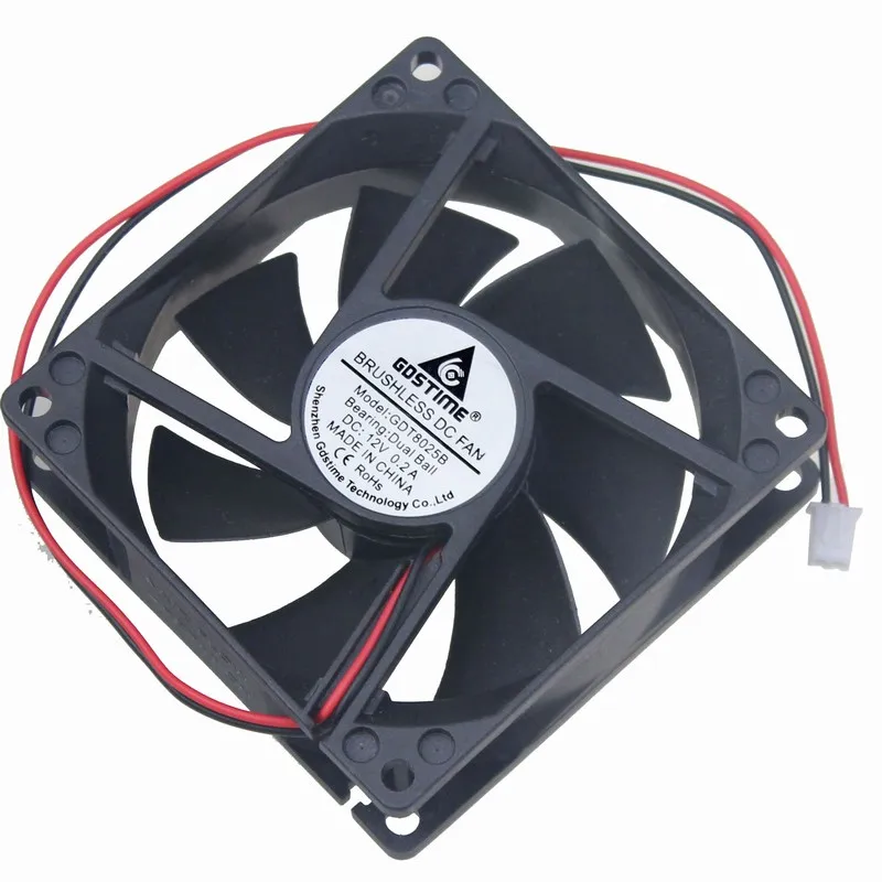 

Gdstime 10 Pcs Two Ball 8cm 80mm x 25mm DC 12V 8025 Axial Flow Brushless Cooling Fan 80*80*25mm PC Cooler 0.2A