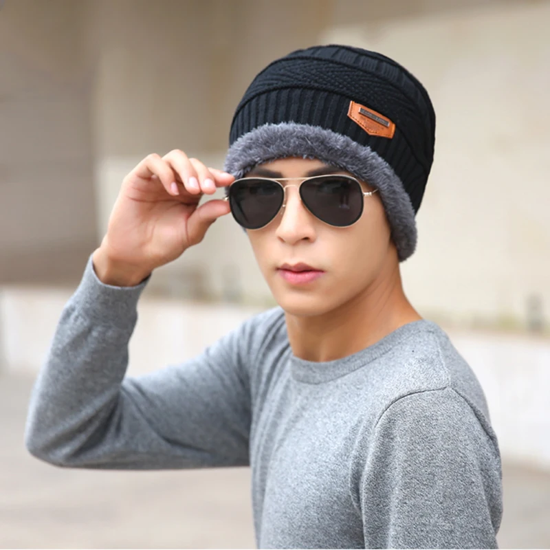 Winter Warm Male Beanies Cap Plus Velvet Stocking Hat Fashion Knitted Hats For Men Women Black Casual Windproof Skullies