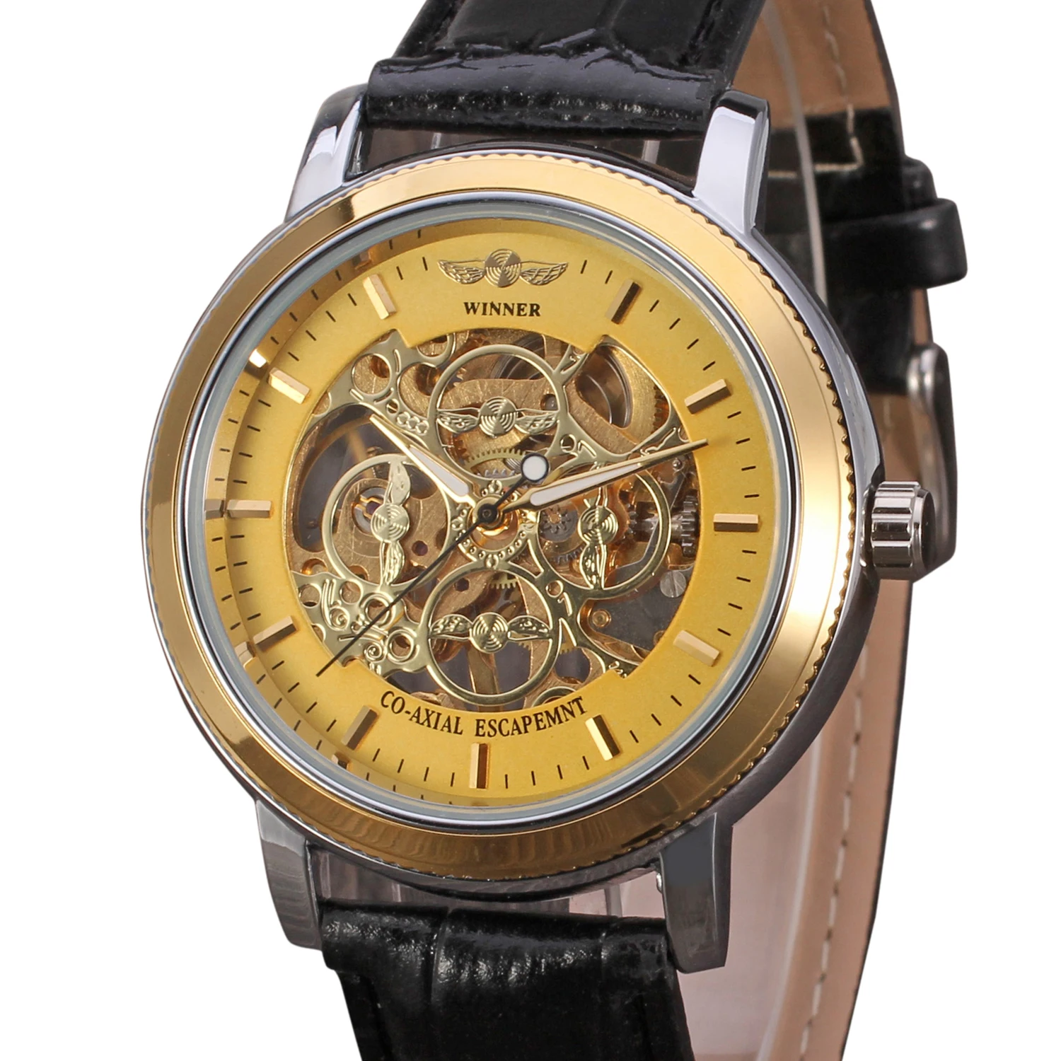 

Fashion Winner Men's Top Brand Watch Mechanical Leather Crystal Steampunk Analog Classic Band Wristwatch Color Gold Luxury Clock