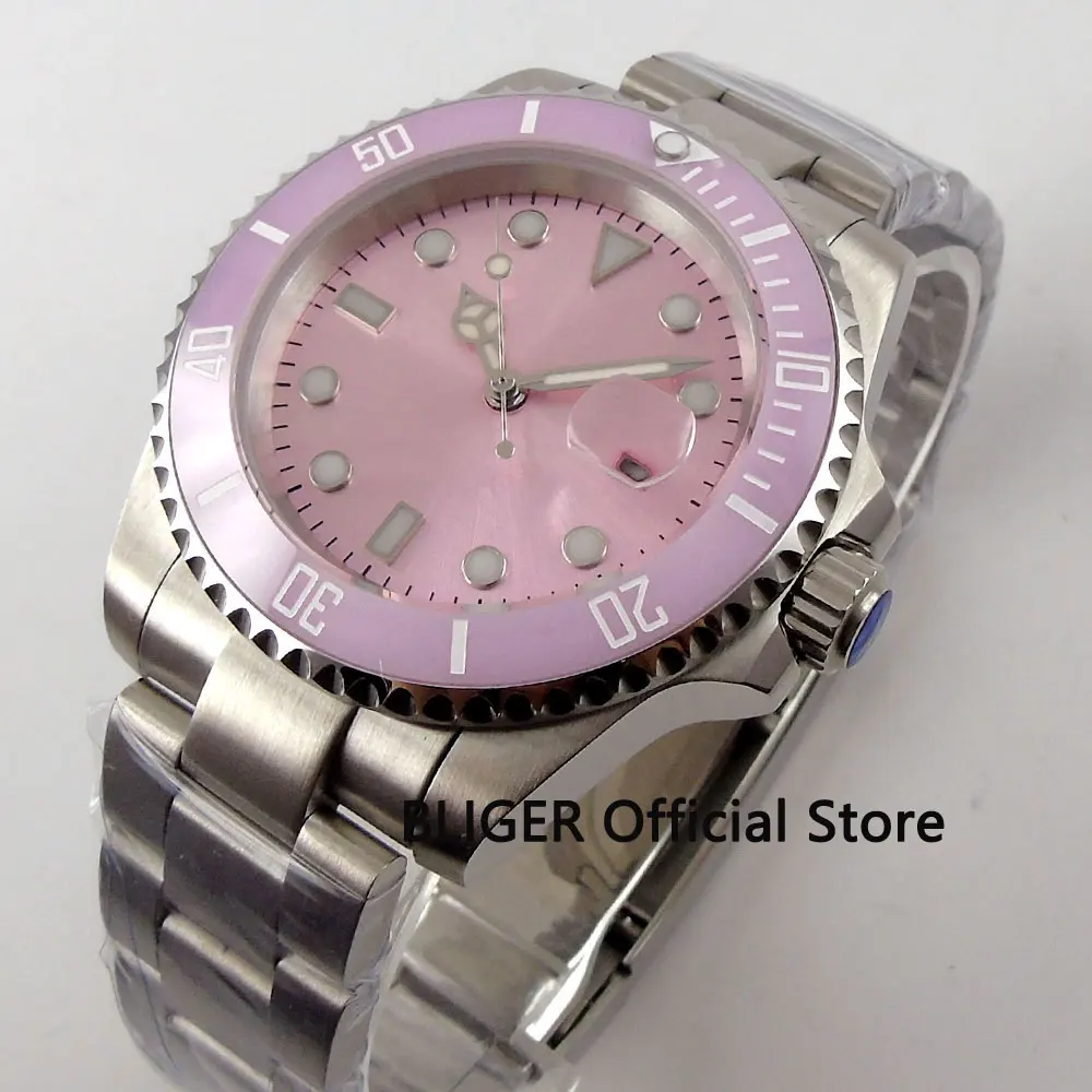 BLIGER 40mm Pink Sterile Dial Luminous Sapphire Glass Ceramic Bezel Insert MIYOTA Automatic Movement Men\'s Watch Men