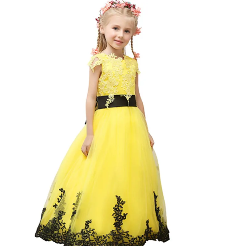 Bloem Meisje Jurk Geel Lace Tulle Eerste Communie Jurken Voor Meisjes Gezwollen Optocht Jurk Baljurk Kids Prom Dress