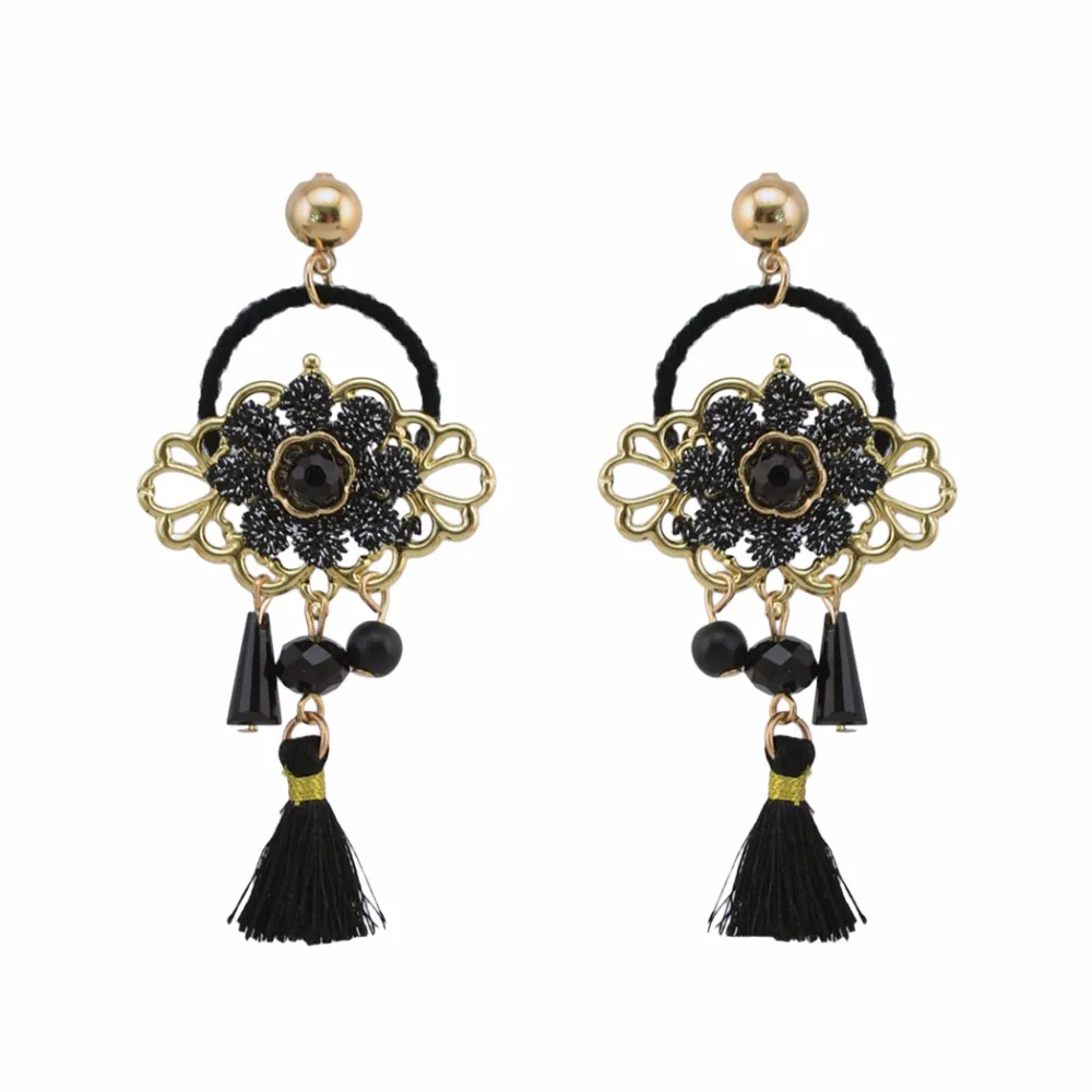 Ethnic Bohemian Black Brown White Cotton Tassel Flower Drop Earrings for Women Handmade Thread Earring Party Jewelry Gift