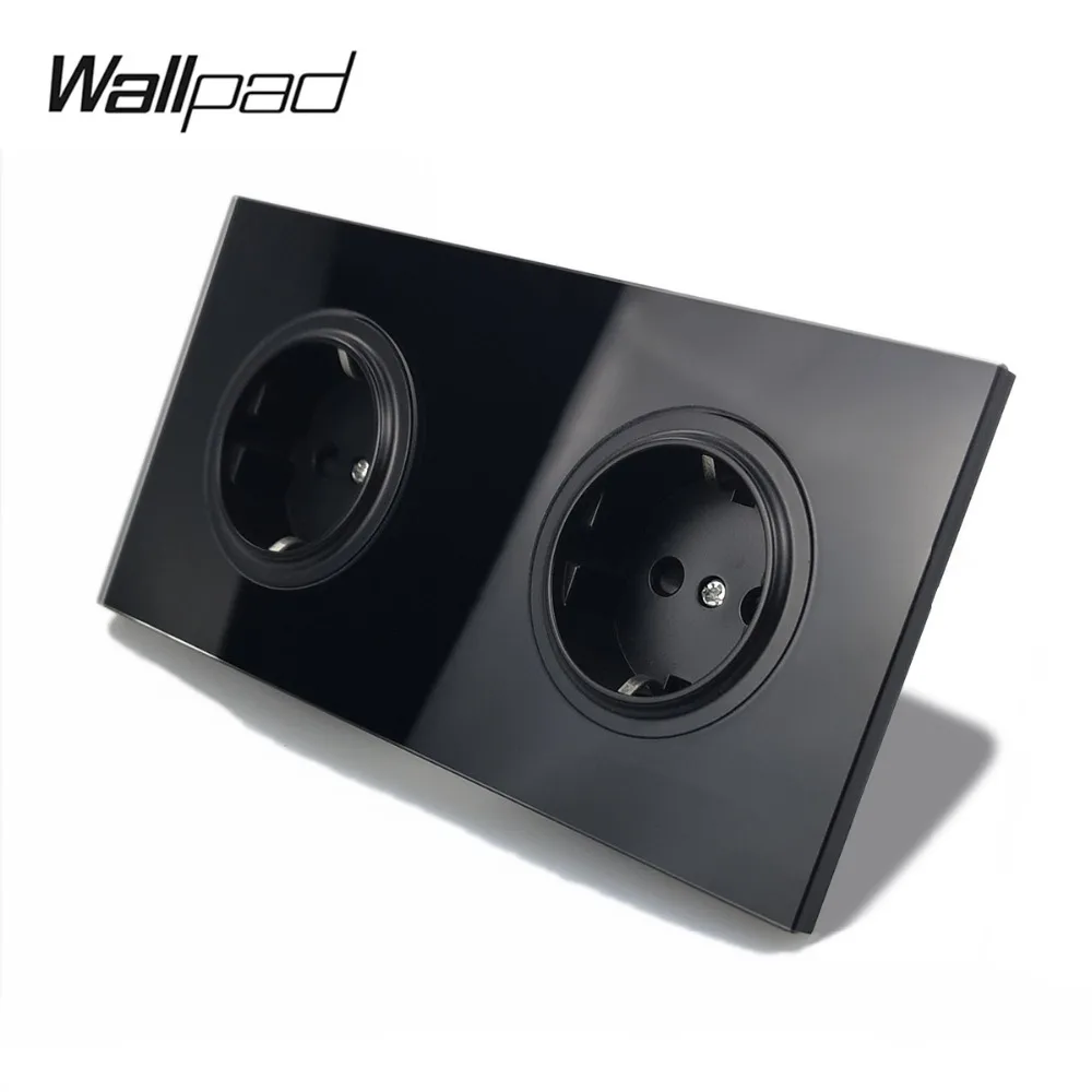 Wallpad L6 Black Tempered Glass Double Frame EU Wall Socket Electrical German Power Outlet 16A Round Design