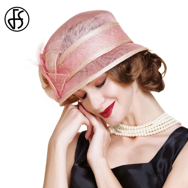 Fs sinamay chapéus feminino rosa fedoras flores borda larga derby chapéu fascinador para casamento igreja festa senhoras chapeu feminino