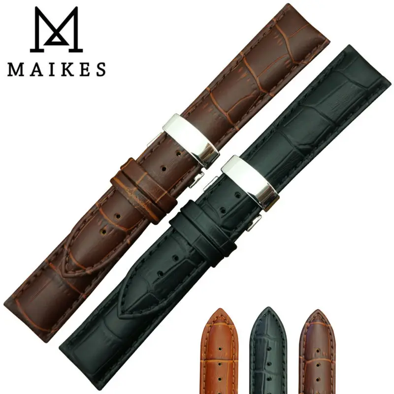 MAIKES Genuine Leather Watch Band Polishing Folding Clasp Watch Strap 18mm 20mm 22mm  Men&Women Watchband For Casio