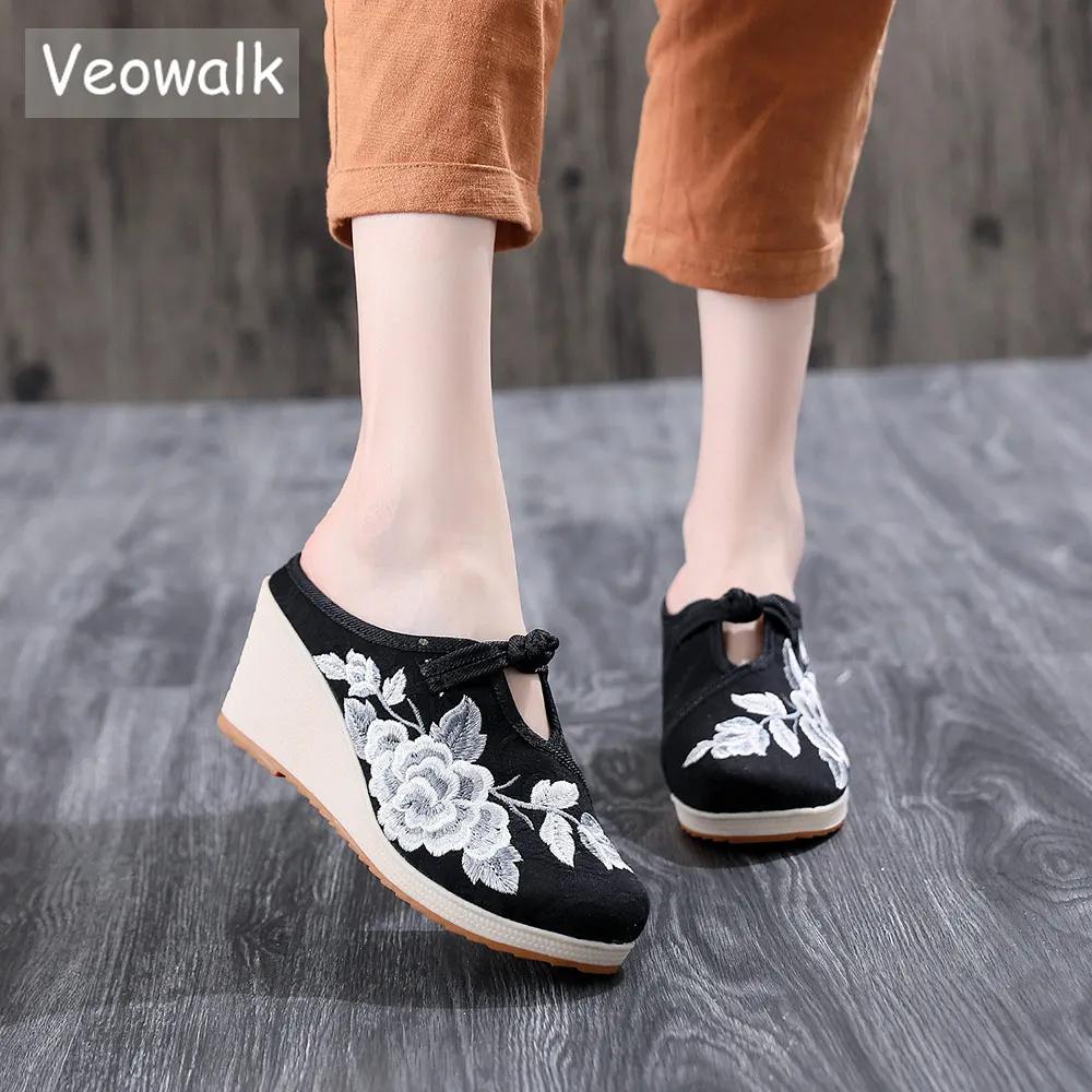 Veowalk Vintage Flowers Embroidered Women\'s Canvas Mules Slippers Wedge High Heel Ladies Comfort Embroidery Shoes Platforms