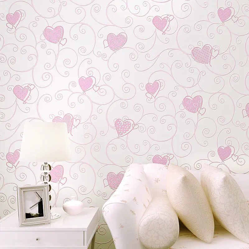 3D Pink Love Heart Cartoon Princess Girl Room Background Wallpaper Roll 3D Embossed Flocking Non Woven Kids Wall Covering Paper