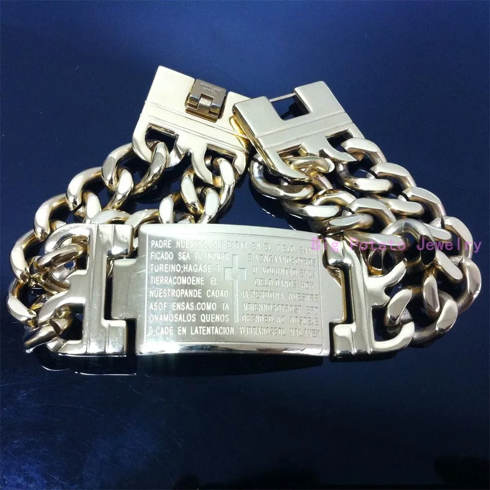 Wholesale 5pcs/lot GP Fashion 316L Stainless Steel Heavy Strong Men's Cuban Link Chain Bible Cross Bracelet 20cm*22.5mm