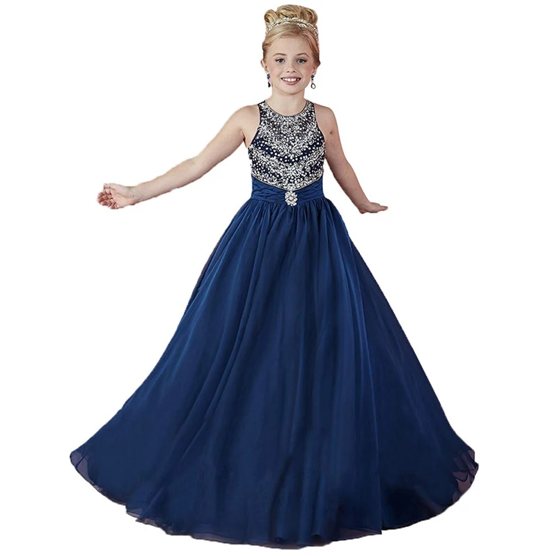 

Navy little girls pageant dresses 2-12 years halter kids evening gown fantasia infantil para menina ball gown girls prom dress