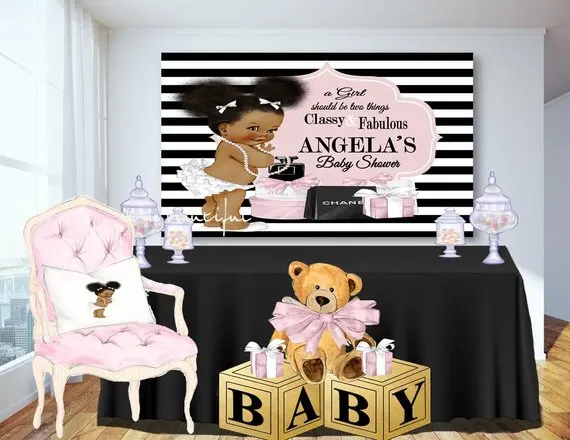 

Пользовательские Baby Shower свадебный душ Мода от кутюр вечерние полоса Подарочная коробка фон с компьютерной печатью для вечерние фон