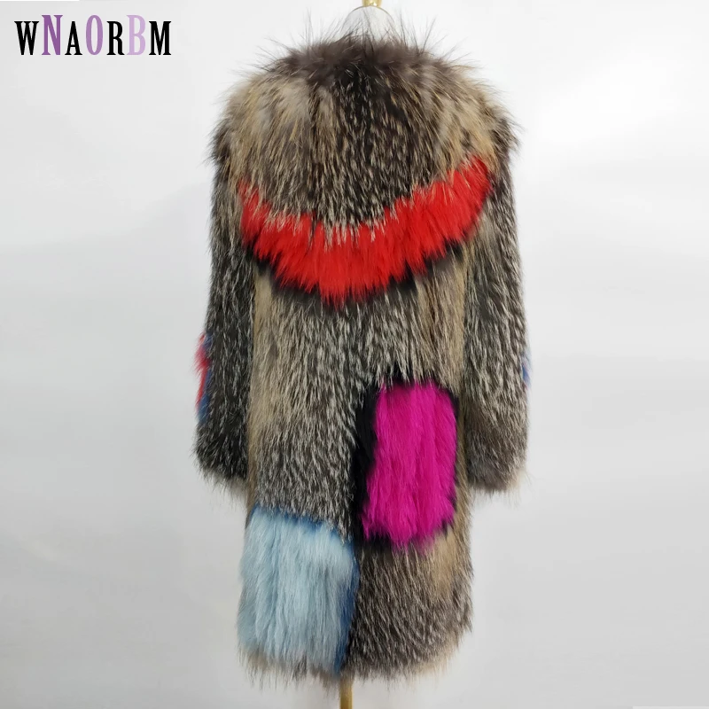 Classic style raccoon fur woven jacket stitching color true fox fur coat ladies fur coat 100% raccoon fur